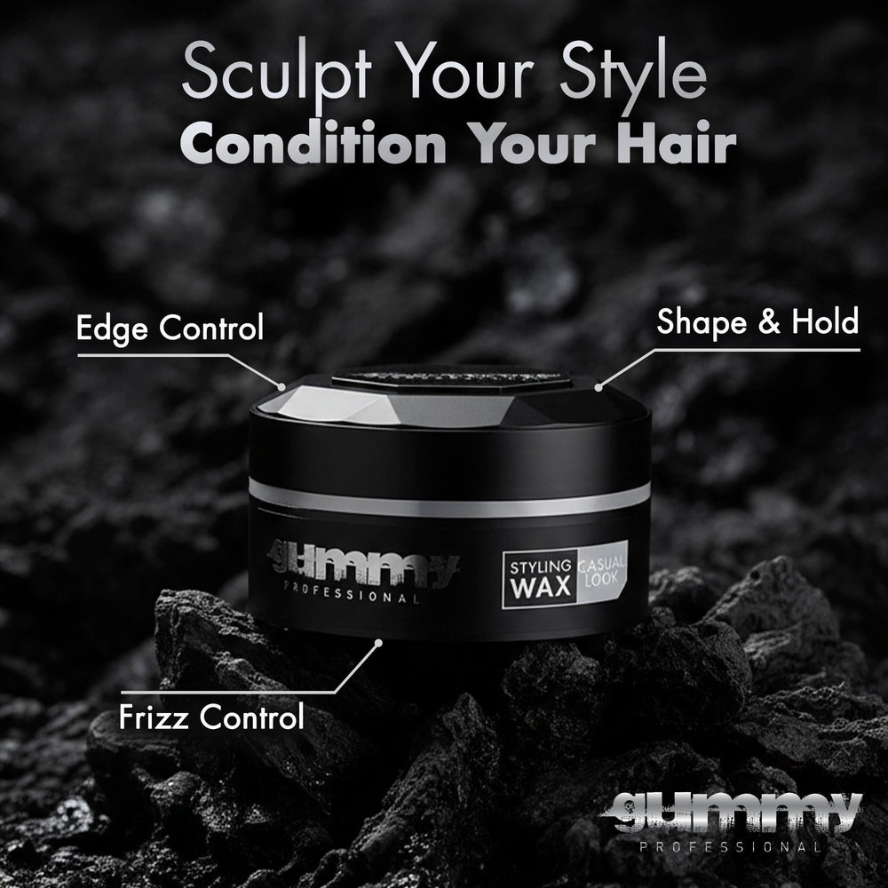 Gummy reworkable-control wax for restyling without heaviness.