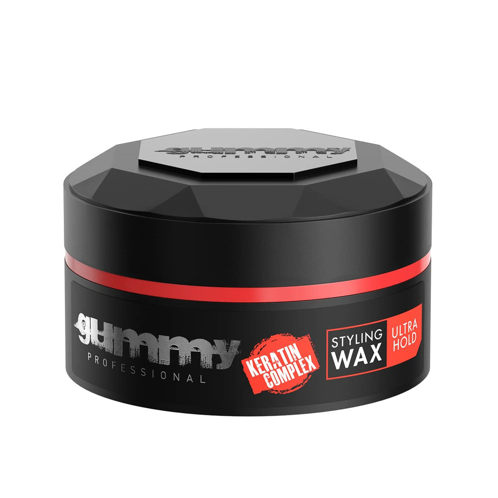 Gummy Ultra Hold Wax jar-detail highlights premium keratin complex for a smoother finish.