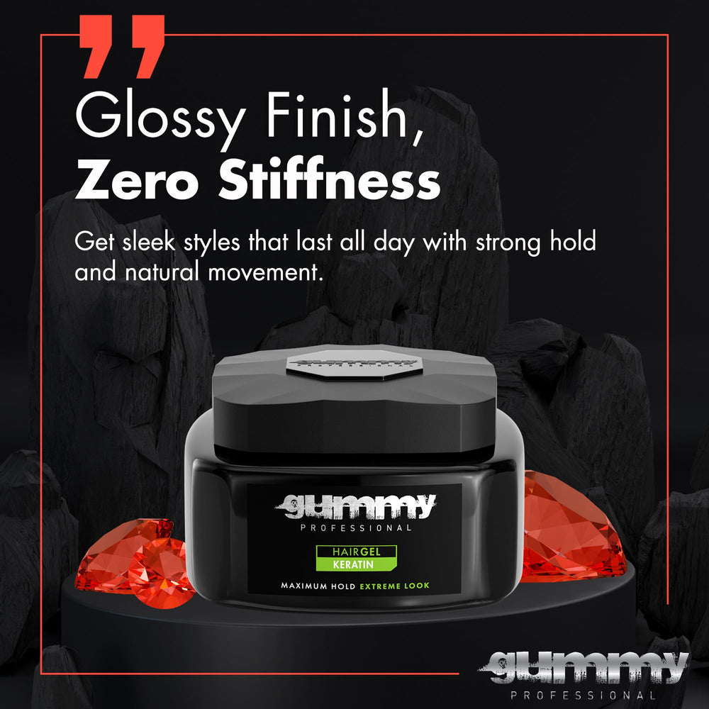 Gummy wet-look shine hair gel conveys glossy finish with strong hold.