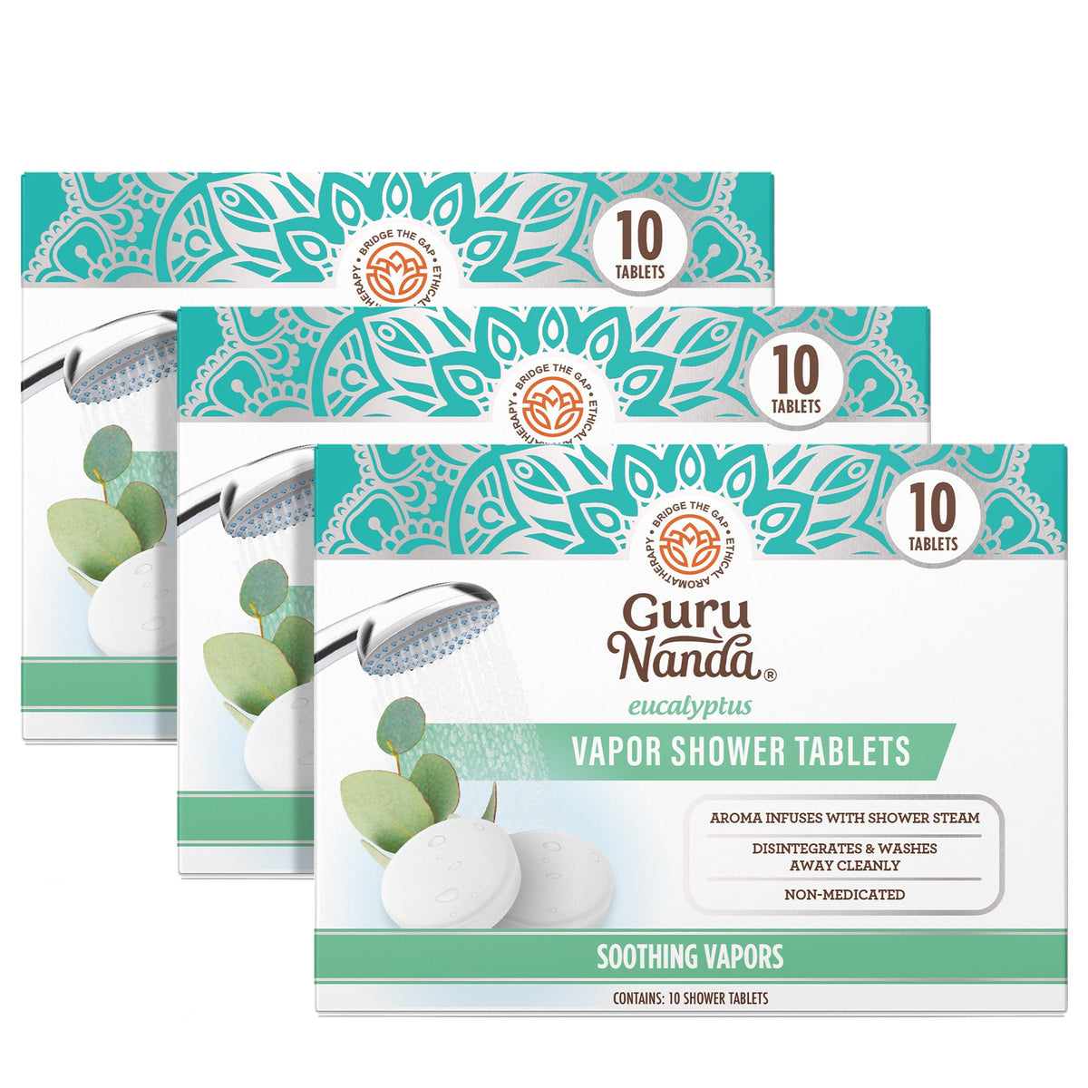 GuruNanda eucalyptus vapor shower tablet dissolving to release a refreshing aroma for mood uplift.