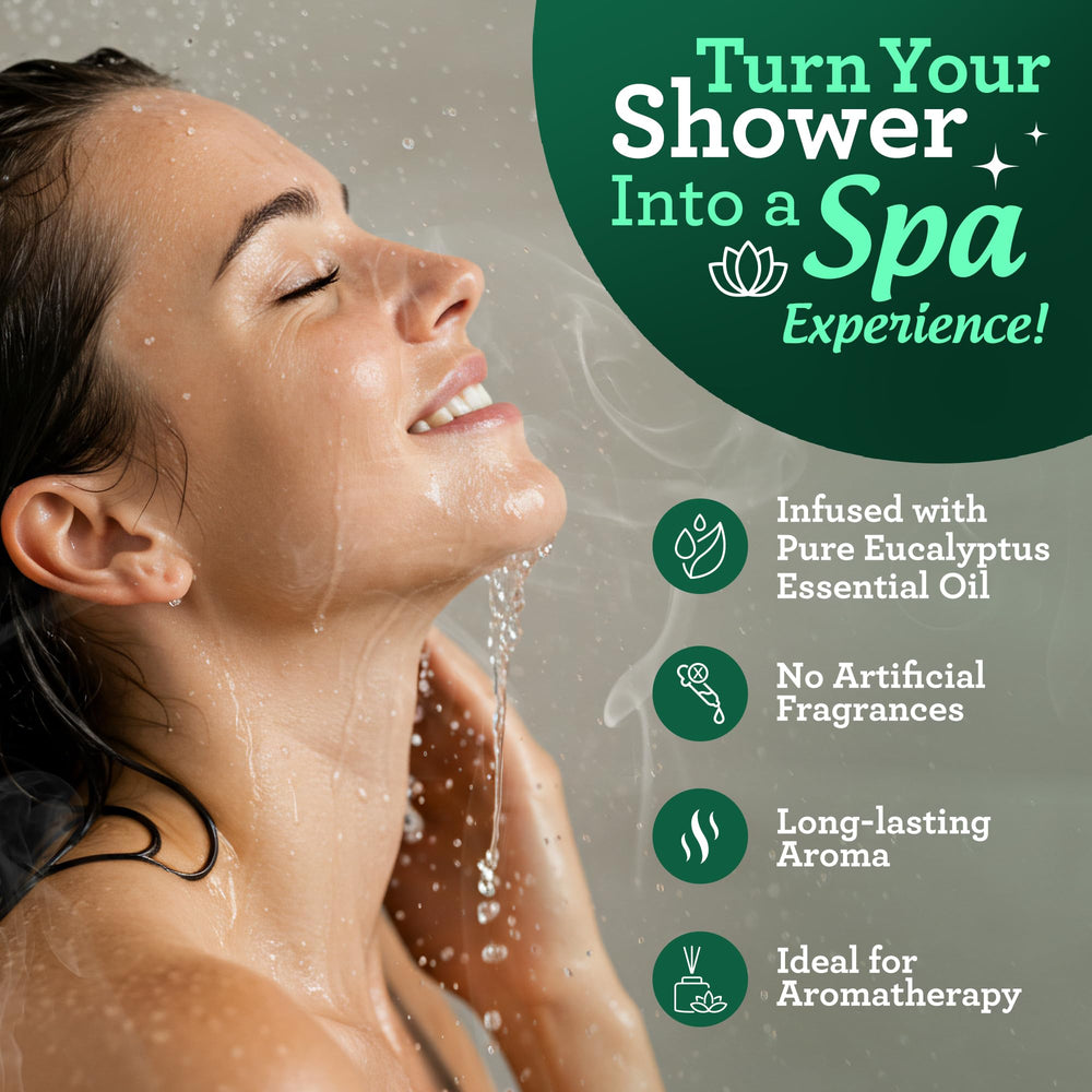 GuruNanda menthol eucalyptus aromatherapy steamer provides invigorating scent during showers.