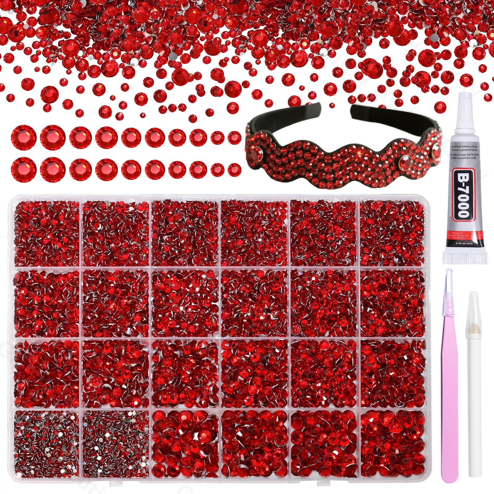 Gutiy 21000Pcs Red Rhinestones organized in a box for quick crafting setup