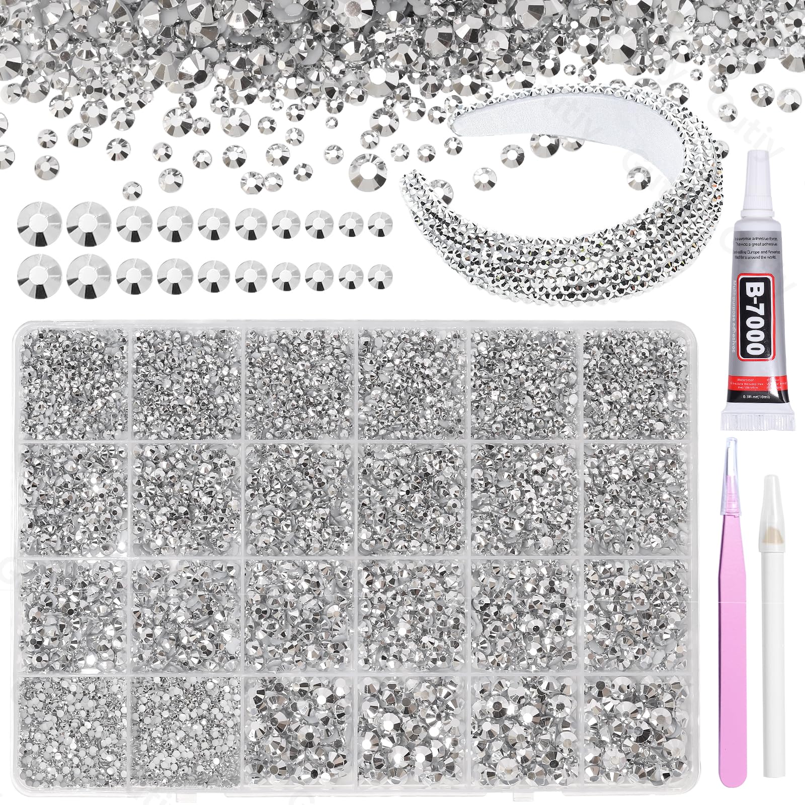 Gutiy 21000Pcs silver rhinestones kit organized in grid box for precise crafting