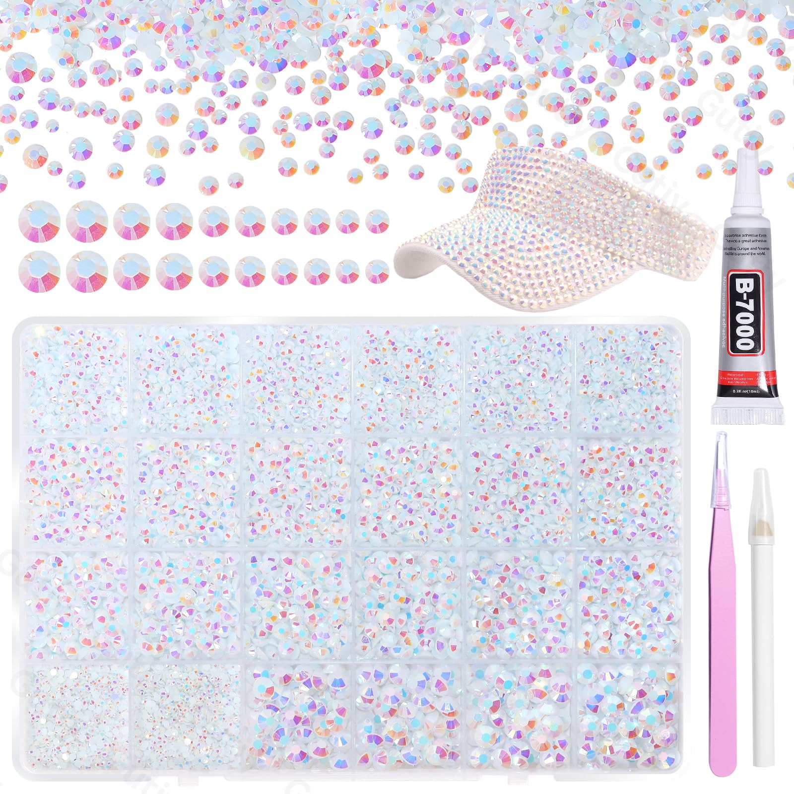 Gutiy 21000pcs white AB rhinestones kit organizer shows sorted sizes for easy crafting.