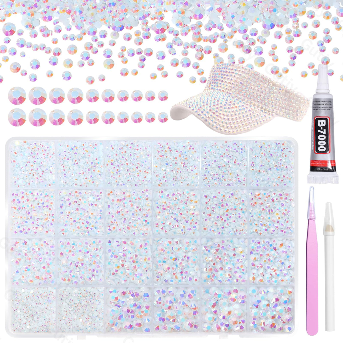Gutiy 21000pcs white AB rhinestones kit organizer shows sorted sizes for easy crafting.