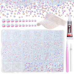 Gutiy 21000pcs white AB rhinestones kit organizer shows sorted sizes for easy crafting.