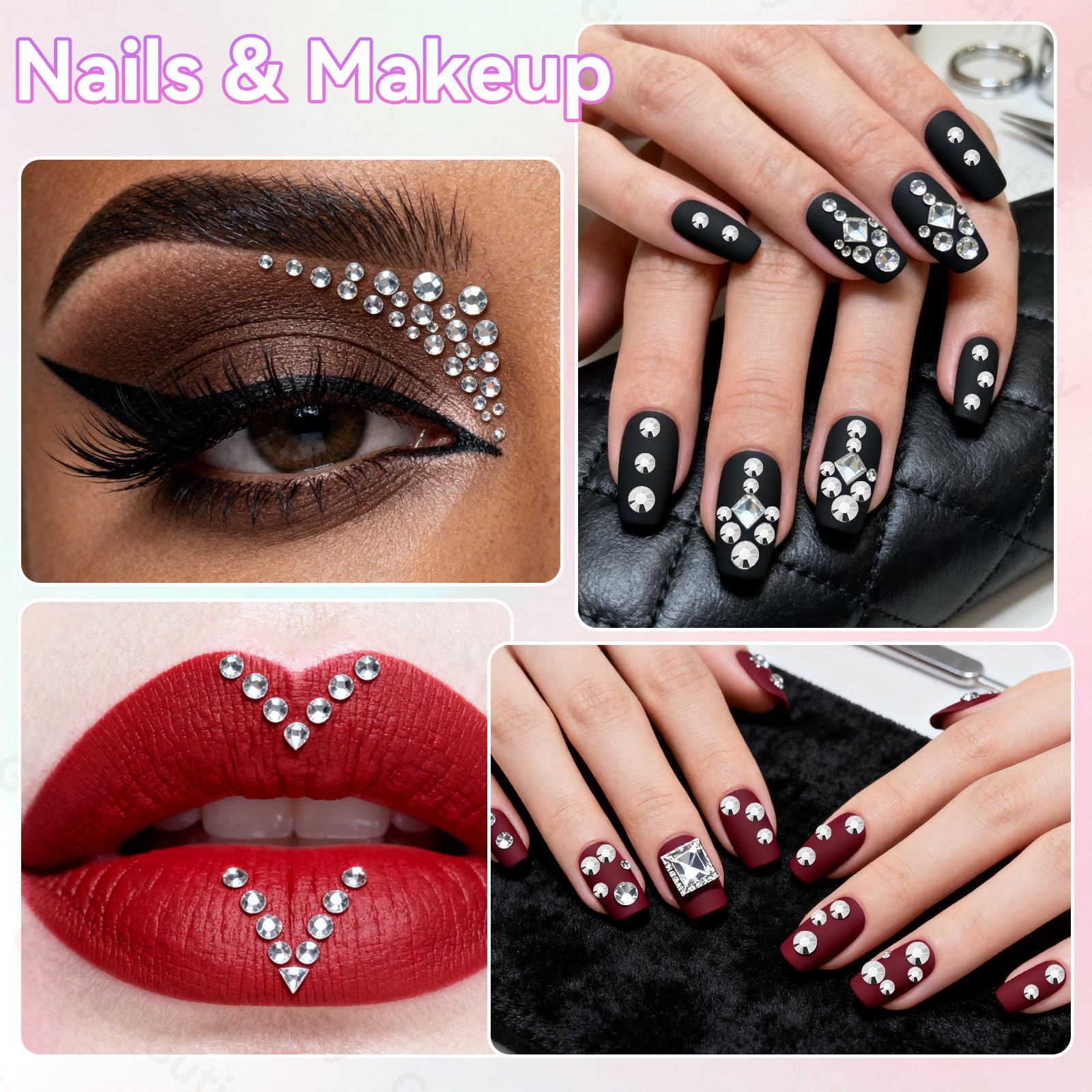 Gutiy nail art and makeup uses with sparkle through resin gems
