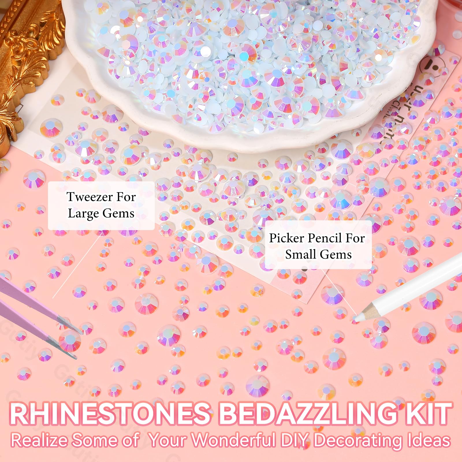 Gutiy white AB rhinestones close-up facets sparkle under light for eye-catching embellishments.