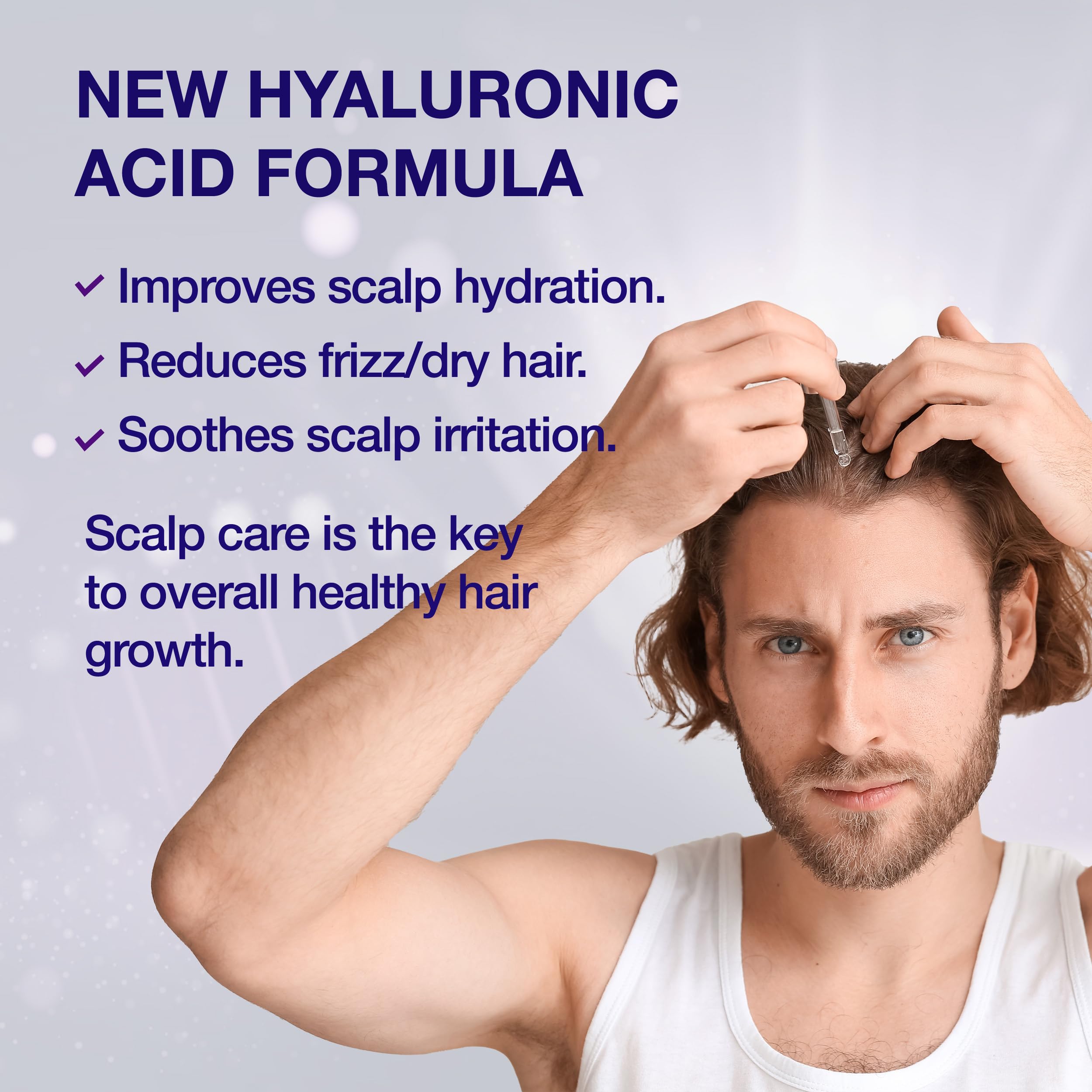 Guyology Labs serum bottle pump showing easy twice-daily application for scalp revitalization.