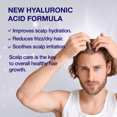 Guyology Labs serum bottle pump showing easy twice-daily application for scalp revitalization.