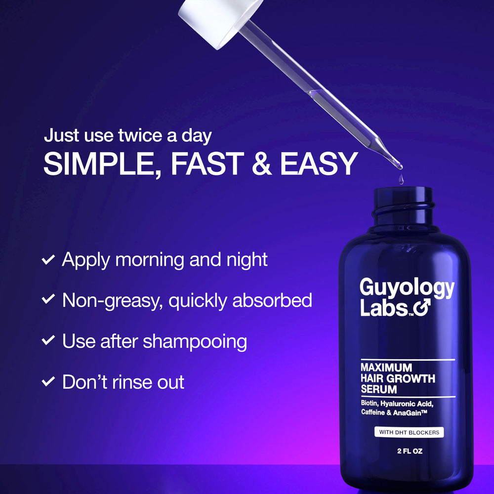 Close-up of Guyology Labs serum ingredients highlighting caffeine and rosemary for scalp vitality.