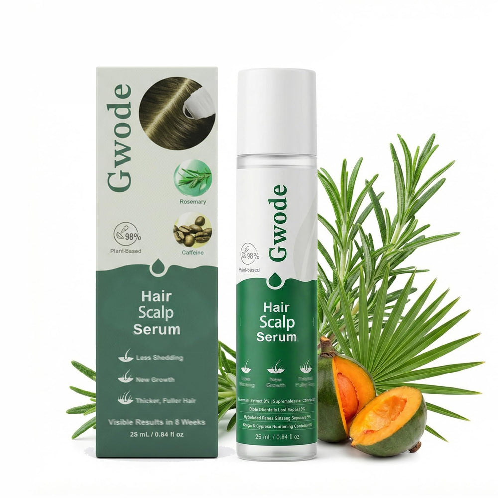 GWODE Rosemary Caffeine Scalp Serum Roll-On bottle close-up for precise, mess-free application.