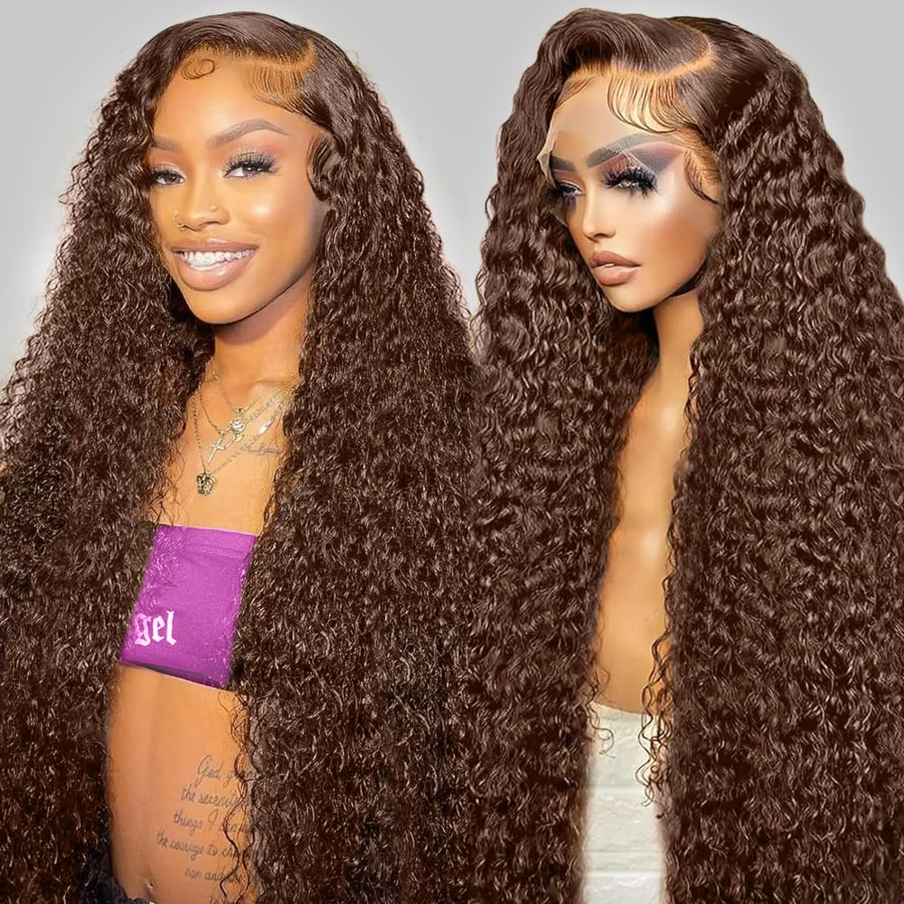 GXTKI 30-inch chocolate brown deep-wave wig with lace-front for natural part and easy styling