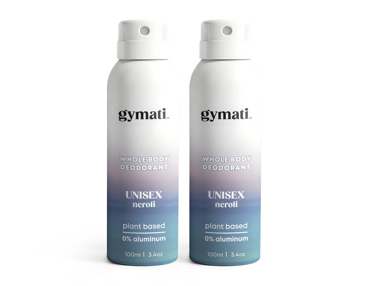Gymati deodorant spray front bottle showcases aluminum-free design for all-day freshness.