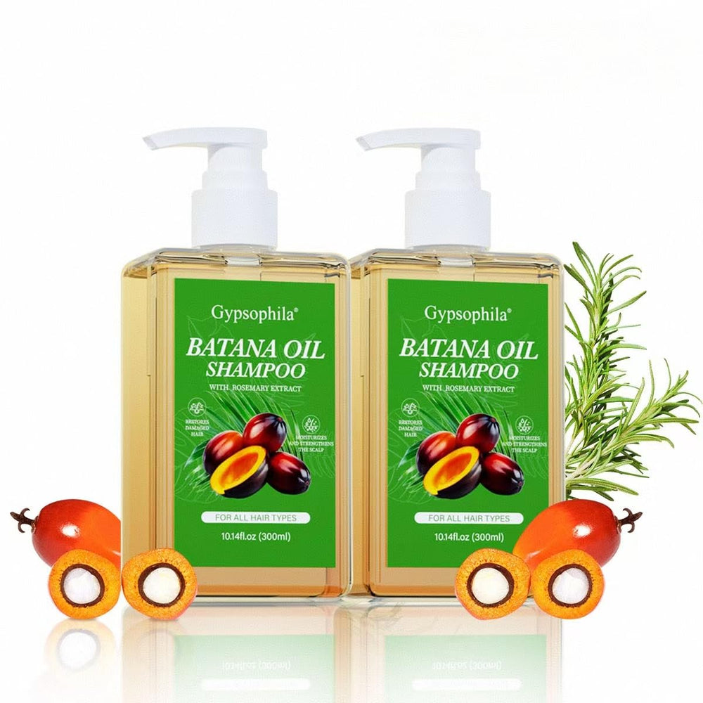 Gypsophila Batana Oil Shampoo bottle shows nourishing formula for all hair types.