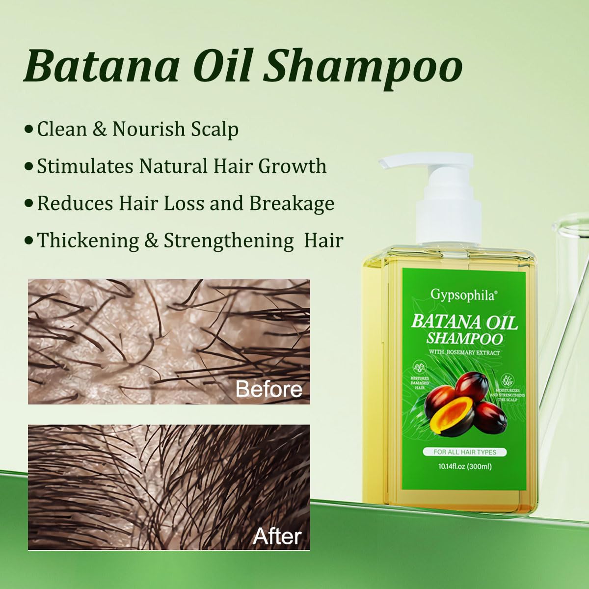 Gypsophila bottle emphasizes a gentle, oil-preserving cleanse for hair.