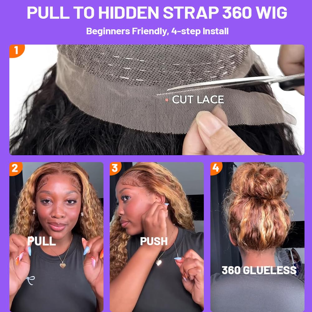 GYRJC invisible drawstring strap ensures secure, comfortable fit on 360 lace wig.