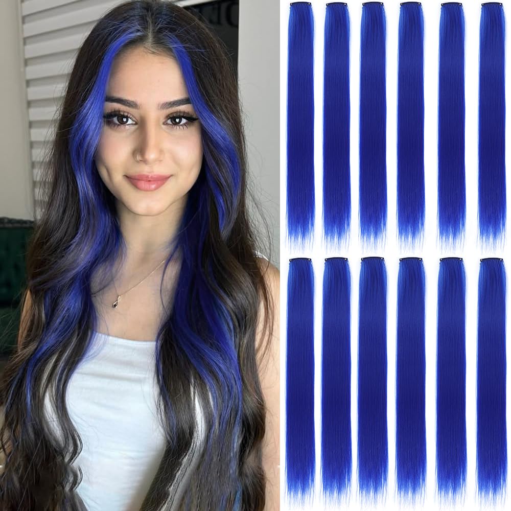 GZVIS blue hair extensions, 22 inch clip-in set, quick style upgrade