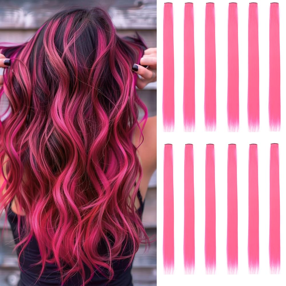 GZVIS hot pink 22in straight clip-in extensions for vibrant party looks.