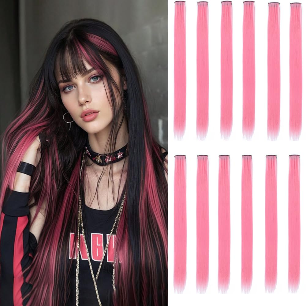 GZVIS pink hair extensions, 22-inch straight, adds vibrant length for playful looks.