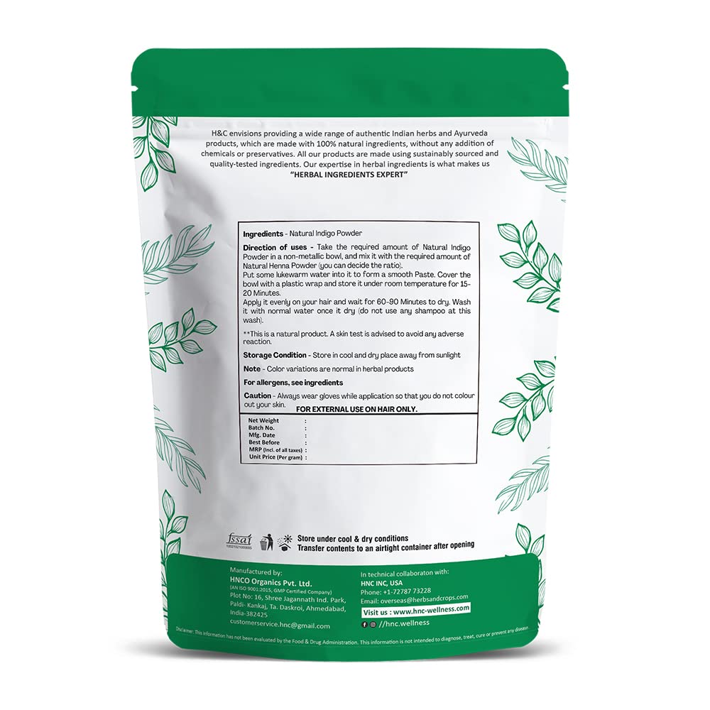 H&C Indigo powder packaging highlighting chemical-free formula for hair dye.
