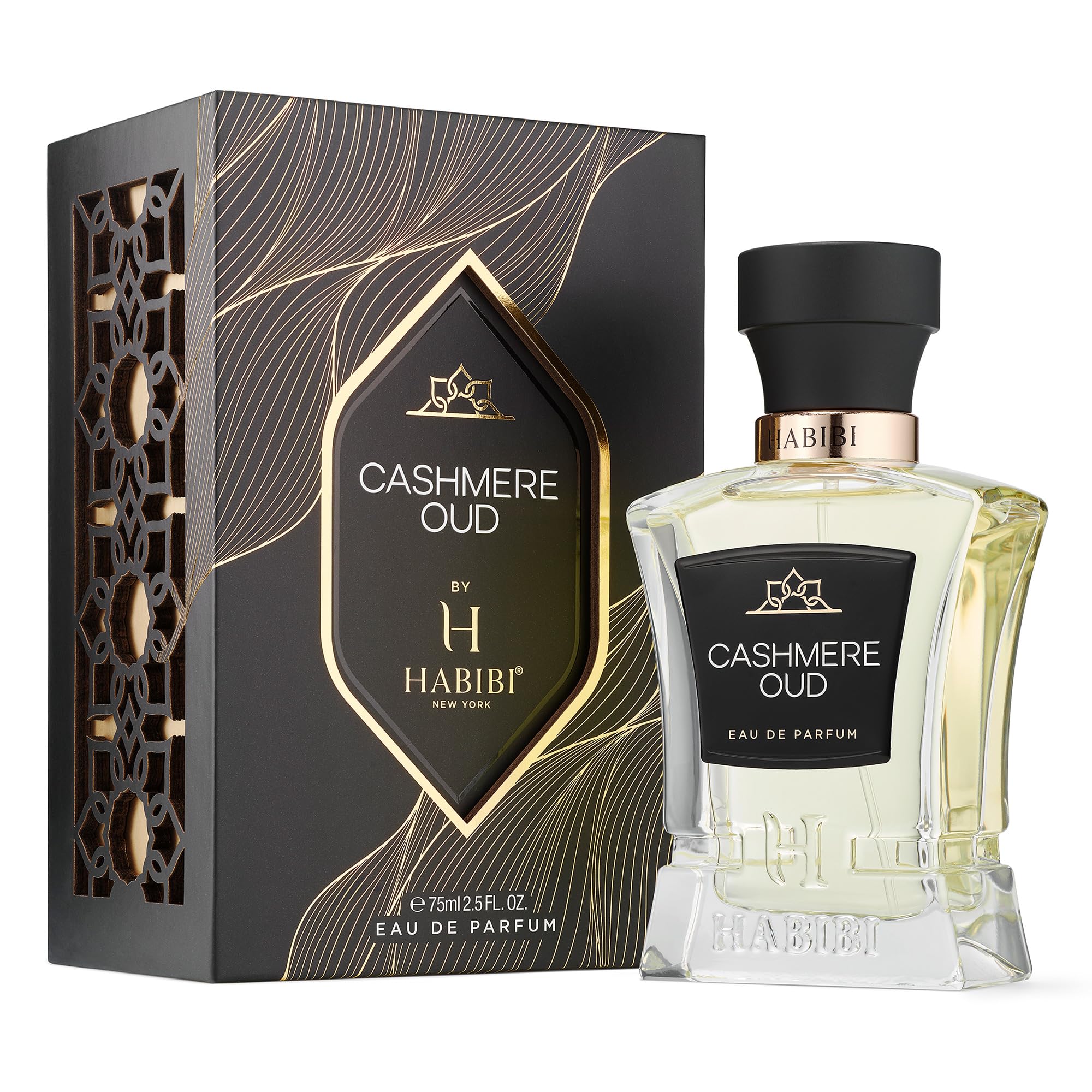 H HABIBI Cashmere Oud bottle back shows notes and bottle details for informed shopping