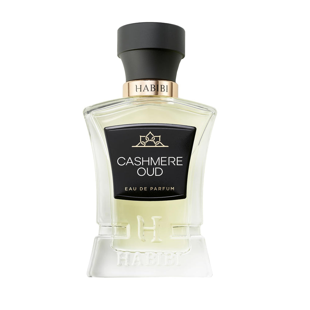 H HABIBI Cashmere Oud bottle front view highlights a luxurious, long-lasting scent