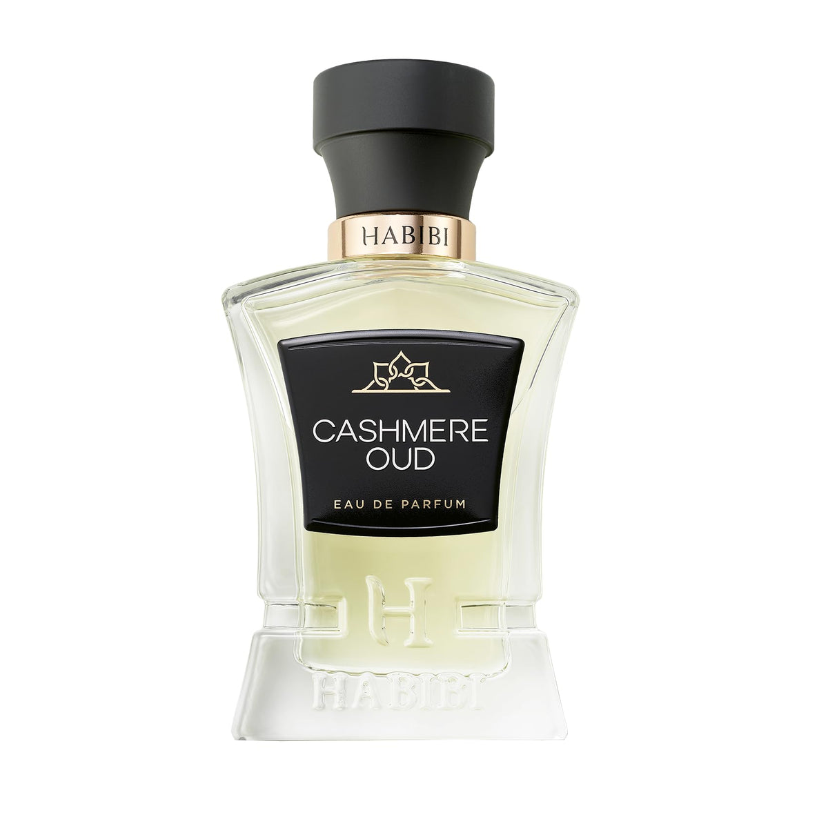 H HABIBI Cashmere Oud bottle front view highlights a luxurious, long-lasting scent