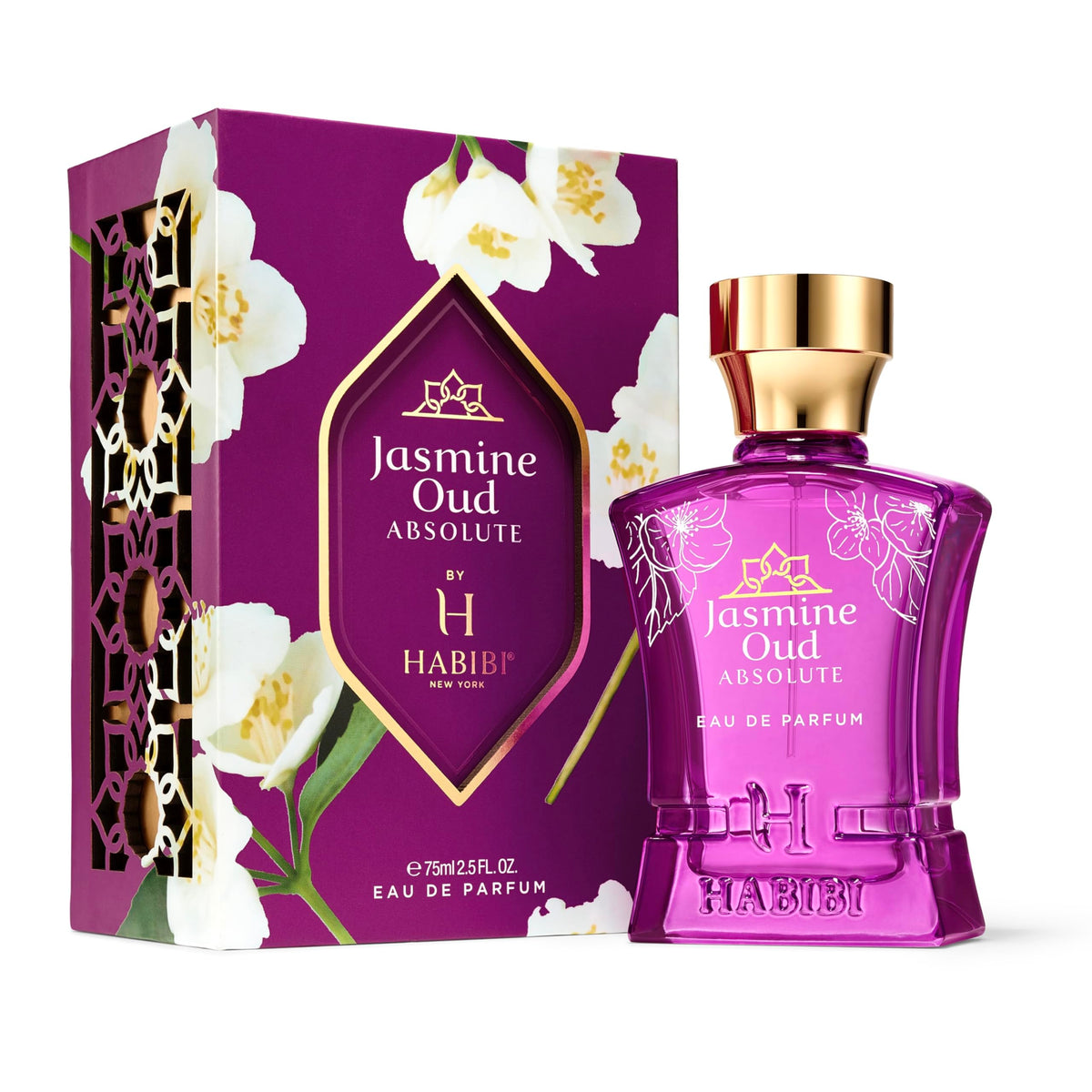 H HABIBI Jasmine Oud Absolute bottle close-up, long-lasting luxury for evenings.