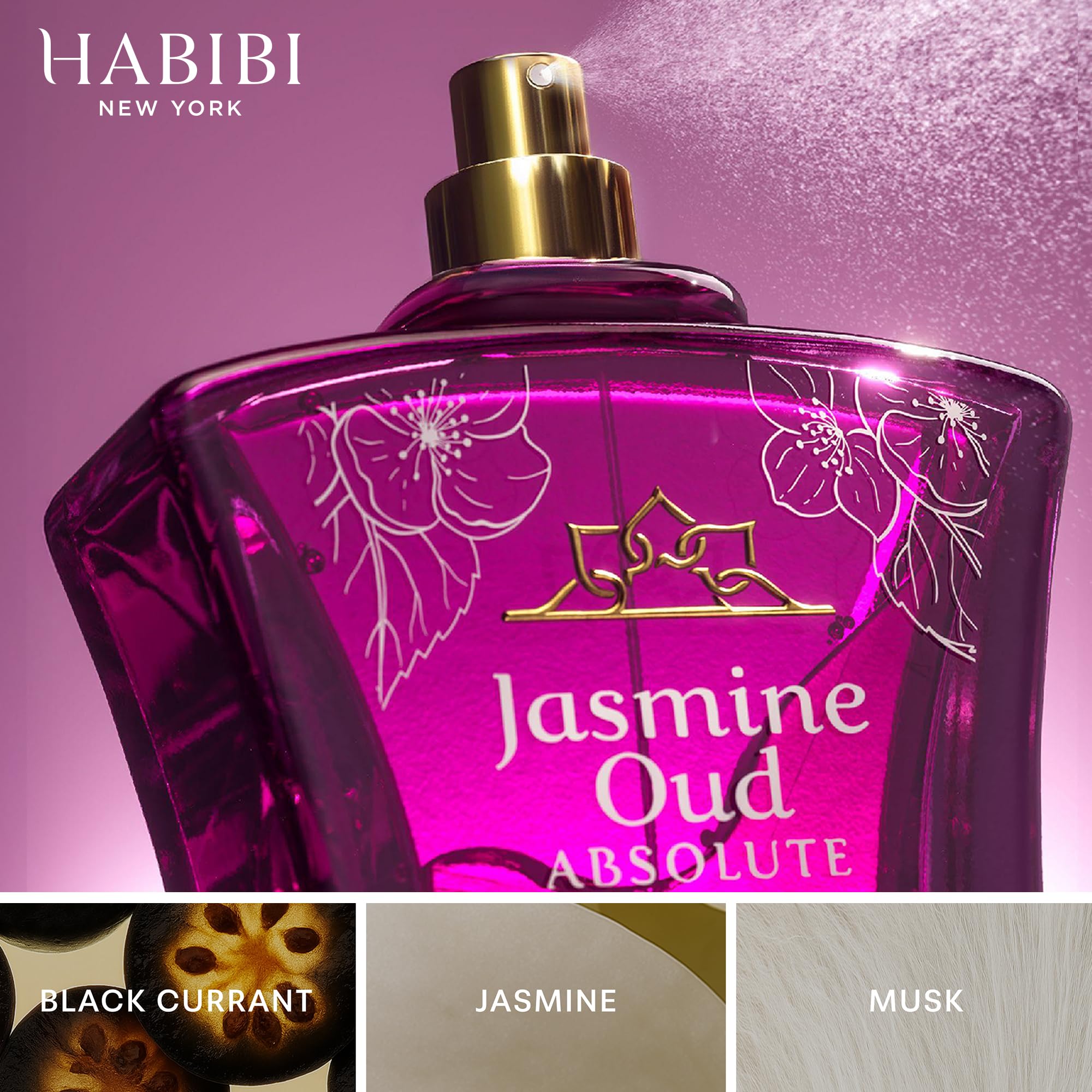H HABIBI Jasmine Oud Absolute notes close-up, rich, enduring woody floral profile.