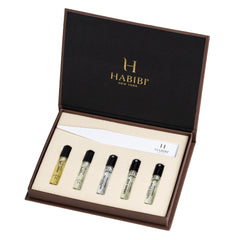 H HABIBI oud discovery display highlights varied notes and unisex wear options.