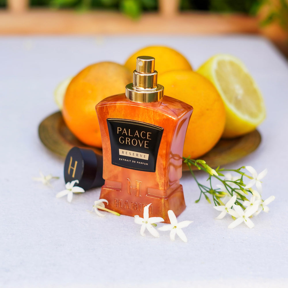 H HABIBI Palace Grove bottle reflecting light to convey elegance