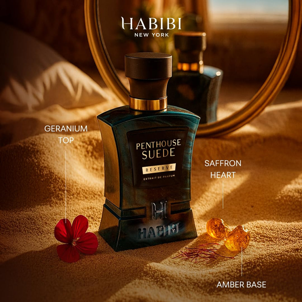 Close-up of metallic amber accents on Penthouse Suede bottle