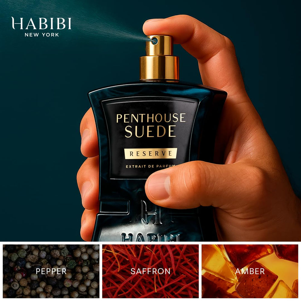 Soft mood lighting enhances the Penthouse Suede fragrance scene