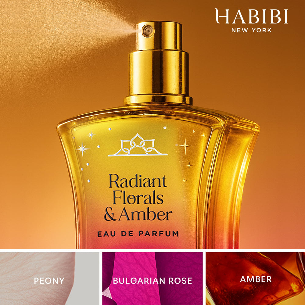 H HABIBI Radiant Florals & Amber Musk bottle back label shows scent notes.