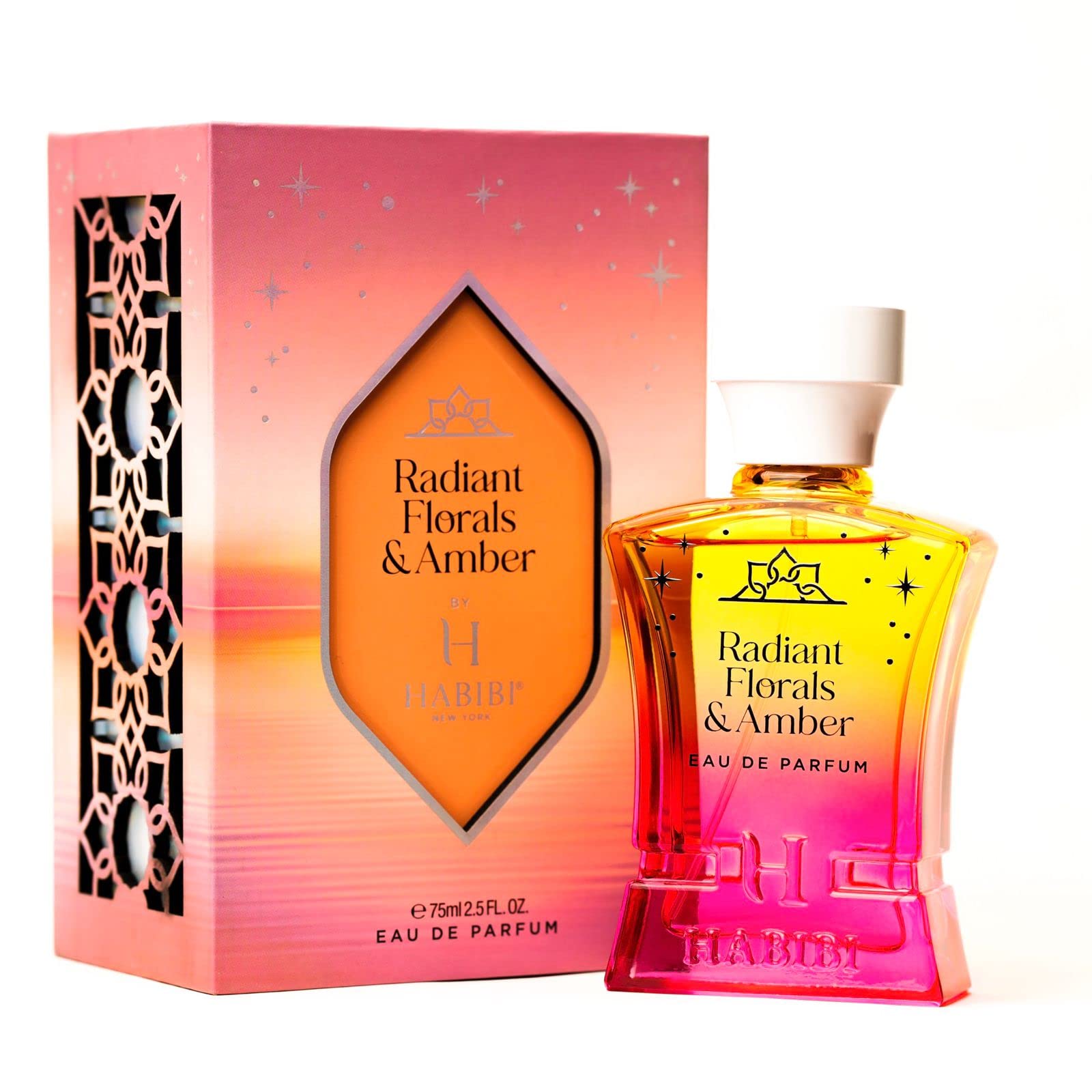 H HABIBI Radiant Florals & Amber Musk bottle on vanity.