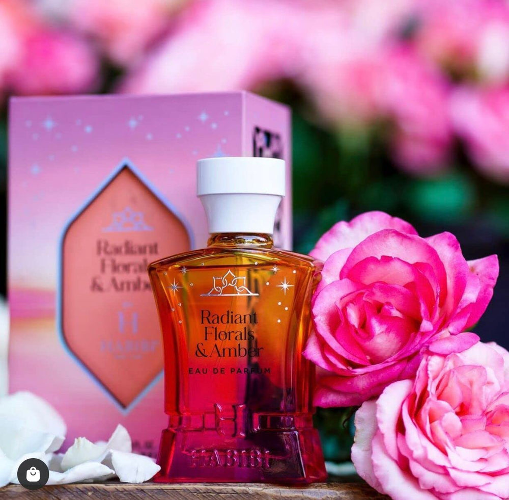 H HABIBI Radiant Florals & Amber Musk vanity display set.