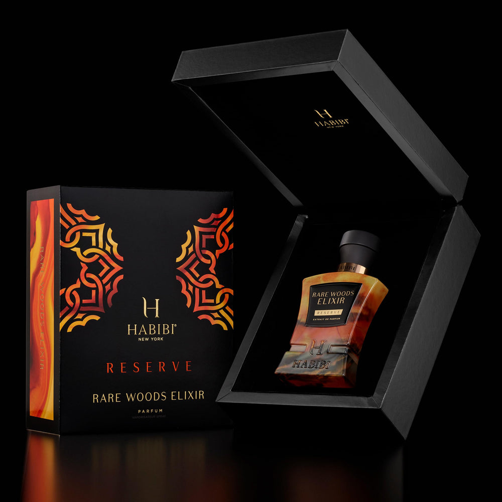 H HABIBI Rare Wood Elixir packaging, premium gift-ready presentation