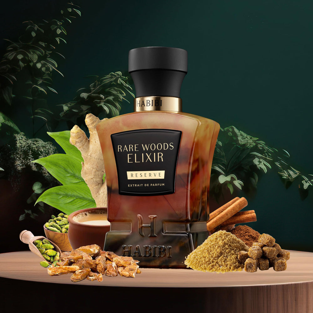 H HABIBI Rare Wood Elixir top notes cardamom bergamot open with brightness