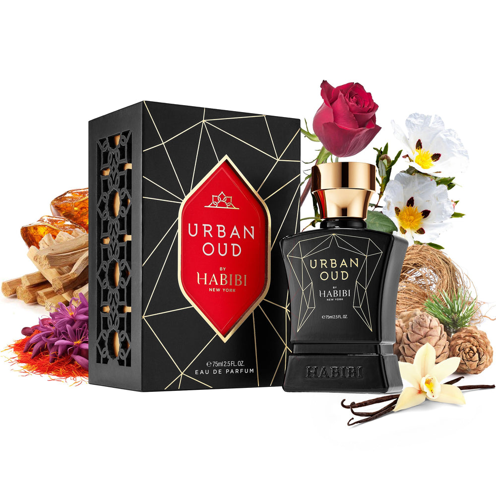 H HABIBI Urban Oud luxury fragrance bottle and cap detailing conveys premium vibe.