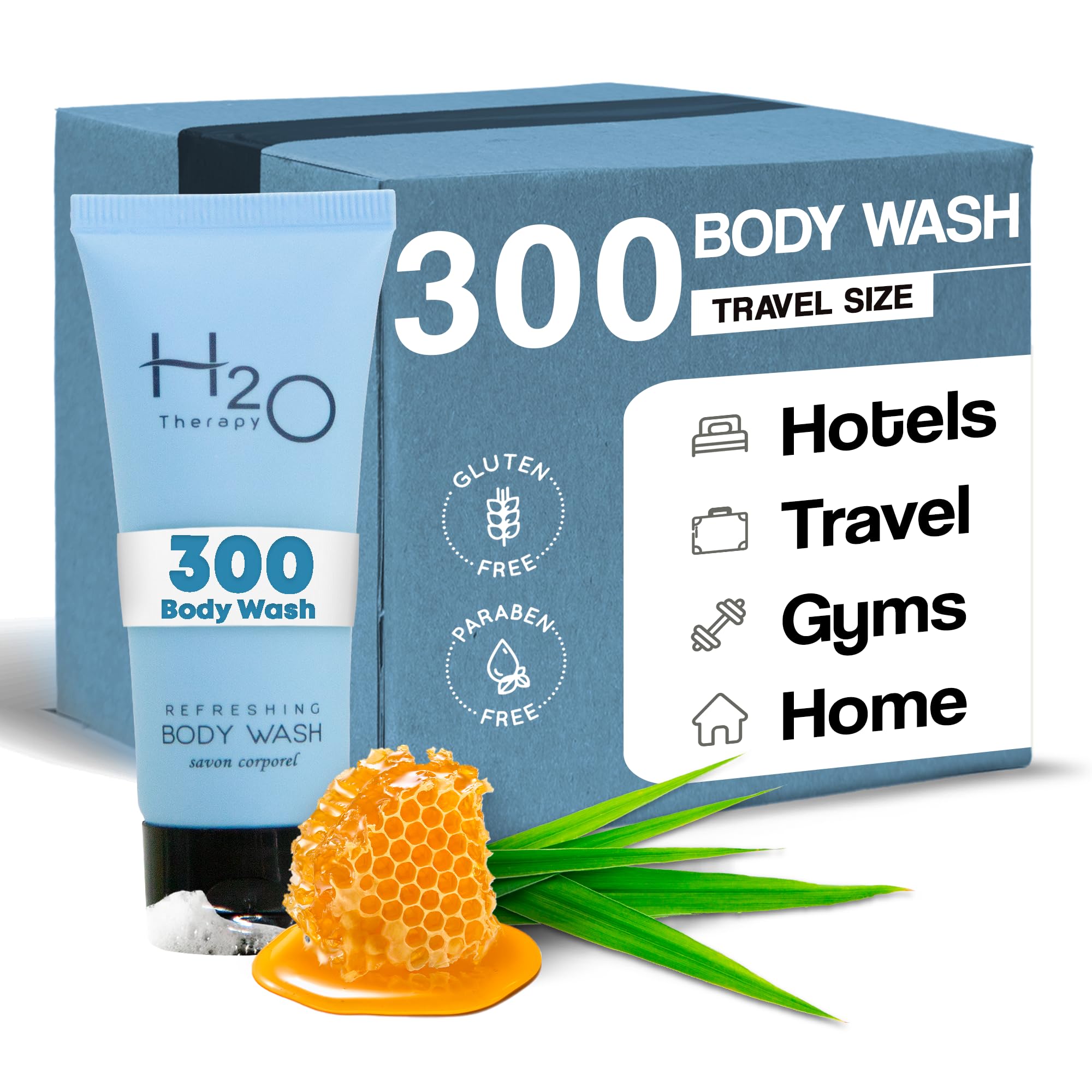 H2O Therapy travel-size body wash bottle for hotel stays with compact convenience