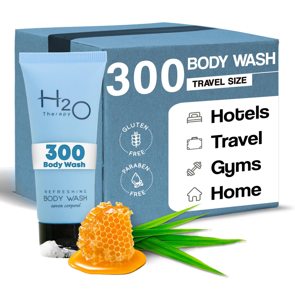 H2O Therapy travel-size body wash bottle for hotel stays with compact convenience