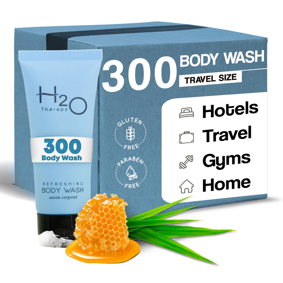 H2O Therapy travel-size body wash bottle for hotel stays with compact convenience