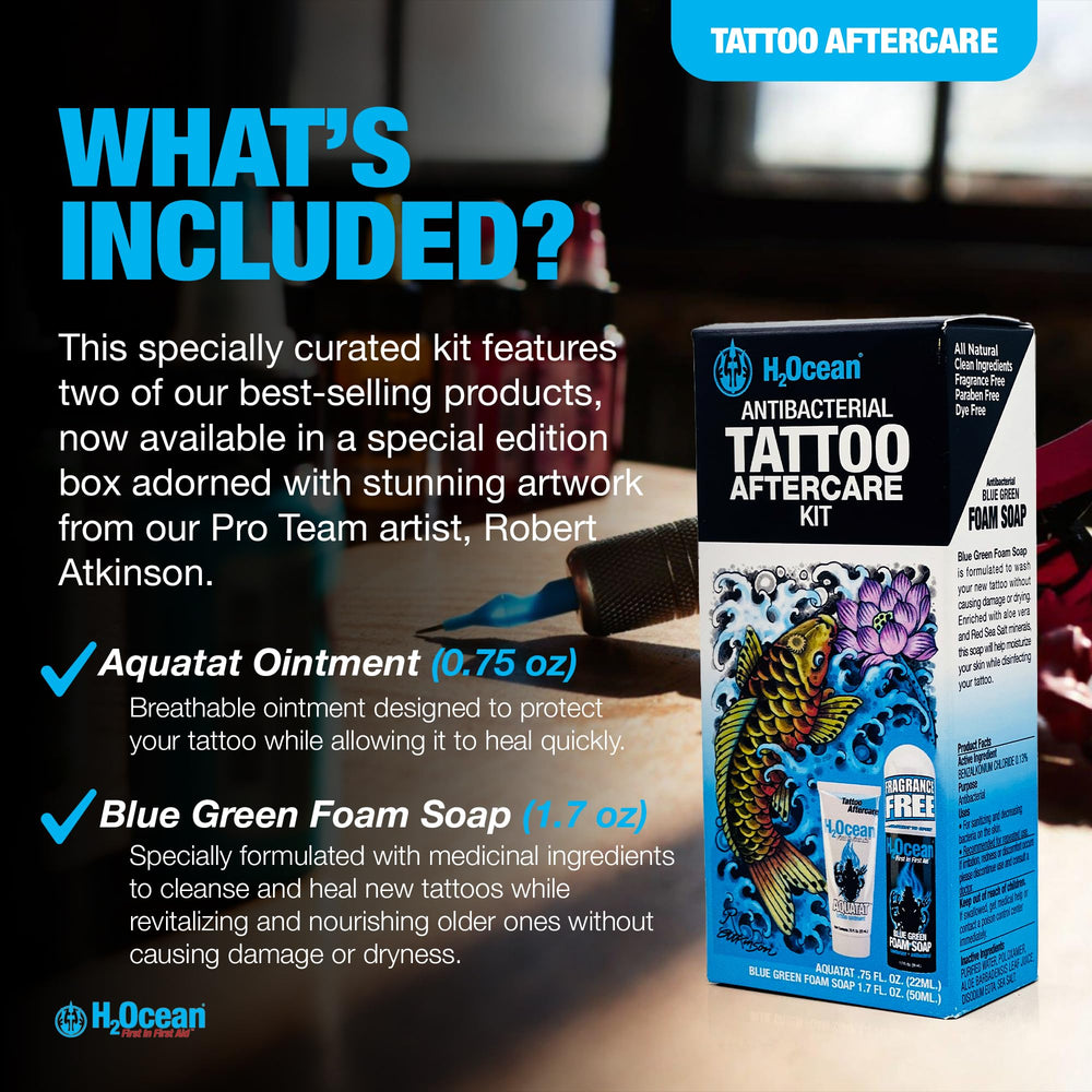 H2Ocean Aquatat healing ointment tube provides moisture and protective barrier for healing tattoos.