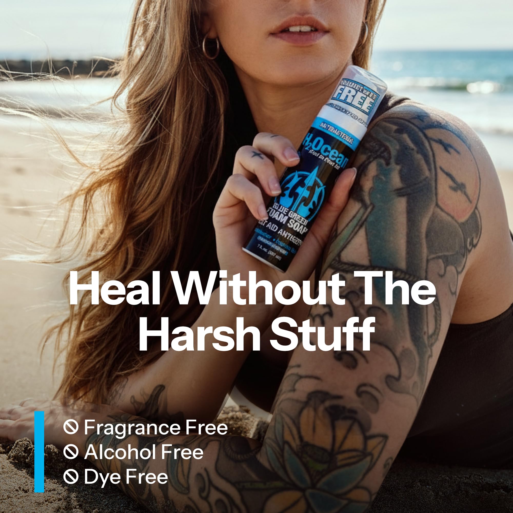 H2Ocean Blue Green Foam Soap label highlights aloe vera for hydration.