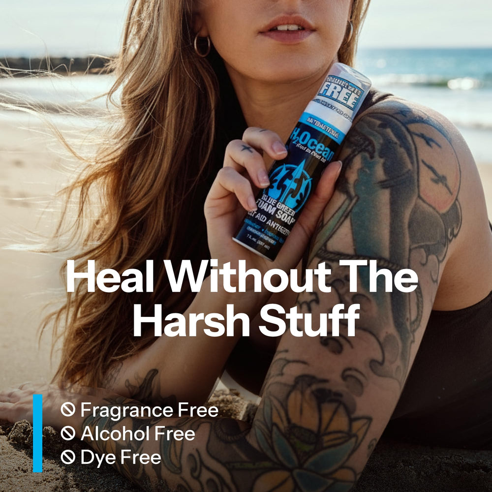 H2Ocean Blue Green Foam Soap label highlights aloe vera for hydration.