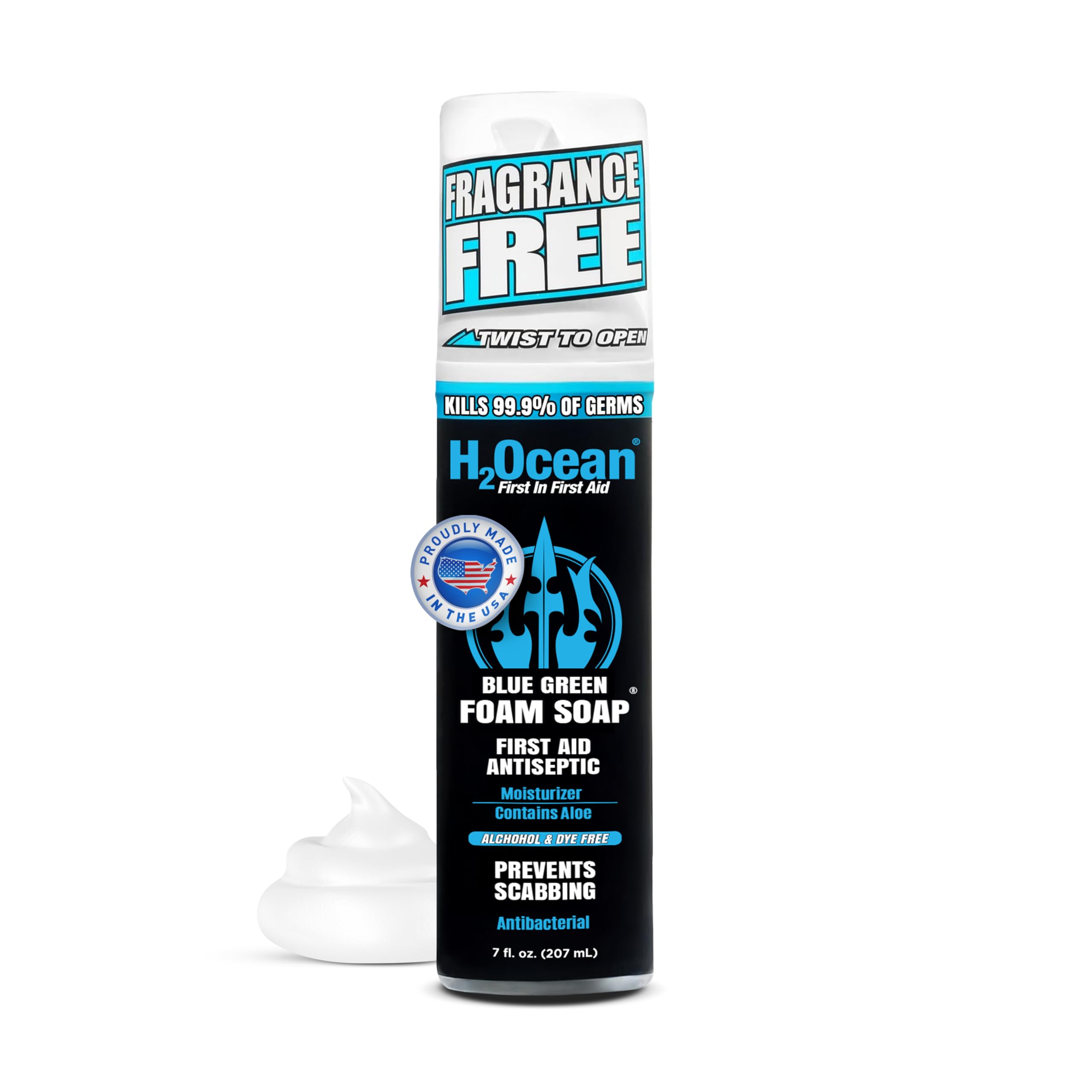 H2Ocean Blue Green Foam Soap bottle for tattoo aftercare, gentle cleansing.