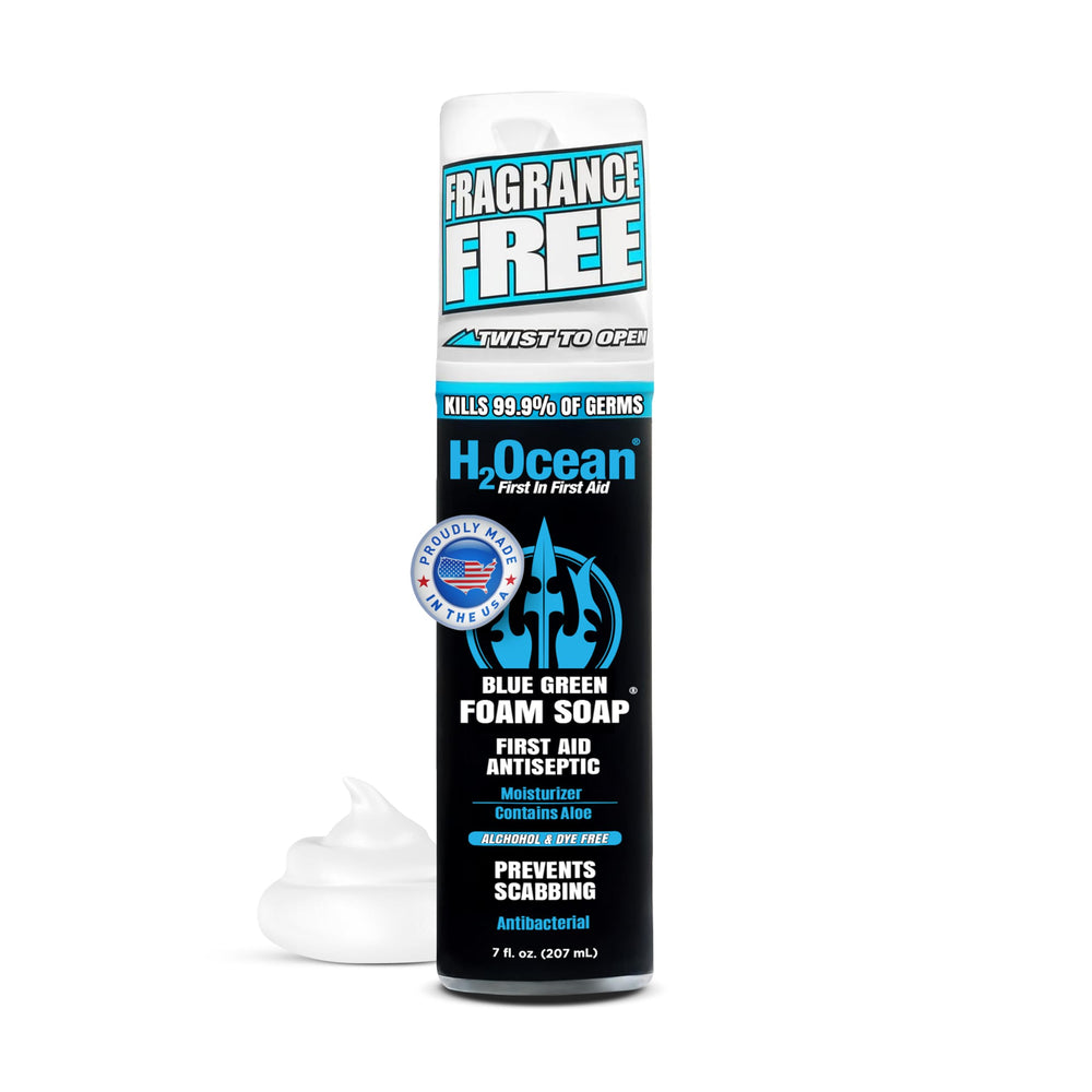 H2Ocean Blue Green Foam Soap bottle for tattoo aftercare, gentle cleansing.
