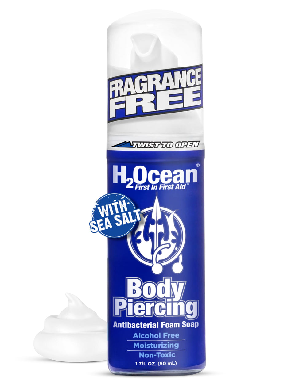 H2Ocean Body Piercing Foam Soap bottle front displays vegan, gentle cleansing for sensitive skin.