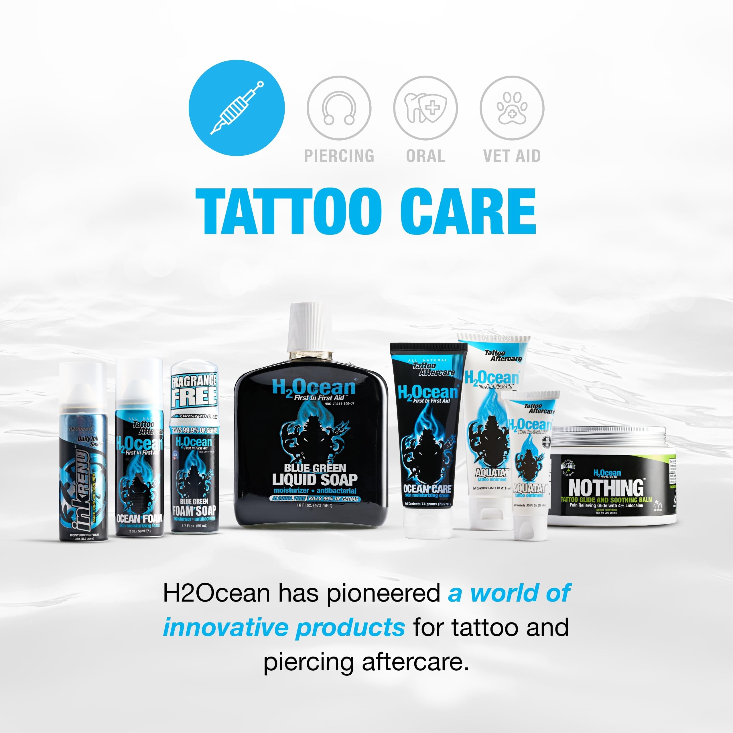 H2Ocean dye-free formula image shows fragrance-free tattoo care
